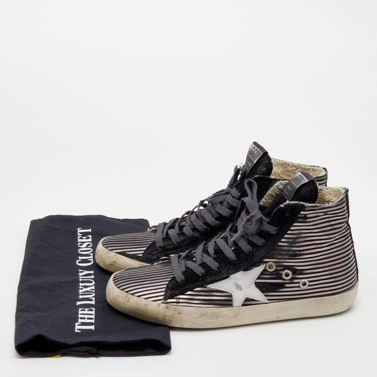 Pre Owned Golden Goose Black/Metallic Stripe Suede Francy High Top Sneakers Size 38