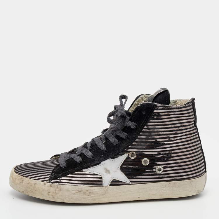 Pre Owned Golden Goose Black/Metallic Stripe Suede Francy High Top Sneakers Size 38