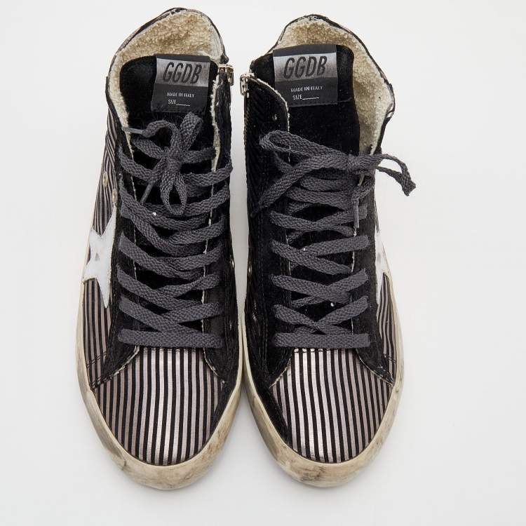 Pre Owned Golden Goose Black/Metallic Stripe Suede Francy High Top Sneakers Size 38