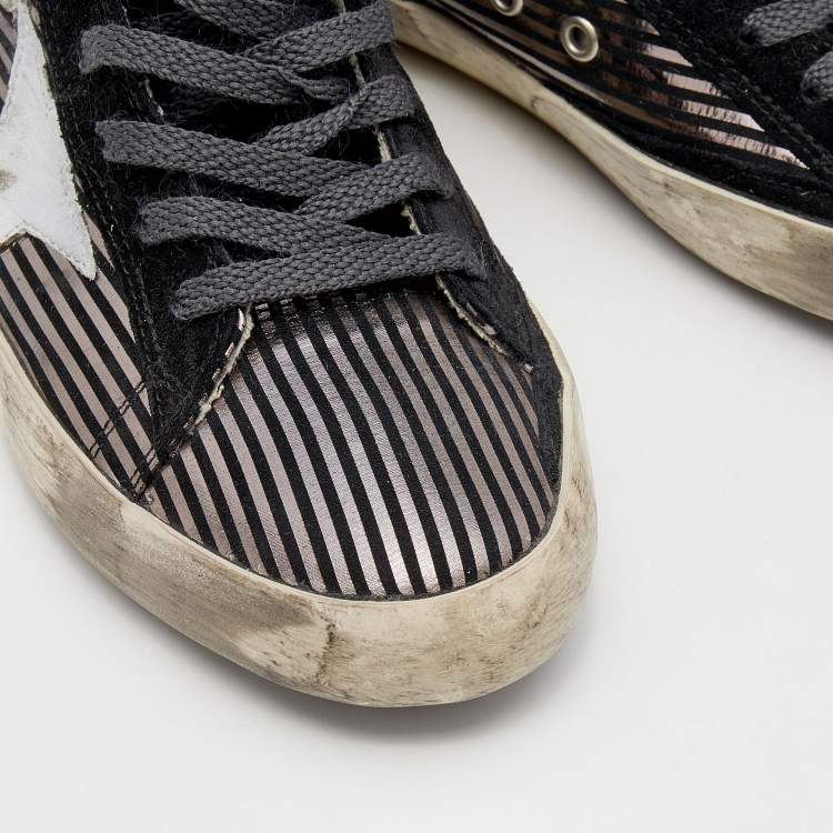 Pre Owned Golden Goose Black/Metallic Stripe Suede Francy High Top Sneakers Size 38
