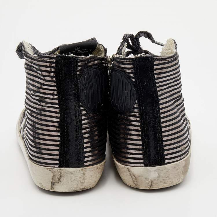 Pre Owned Golden Goose Black/Metallic Stripe Suede Francy High Top Sneakers Size 38