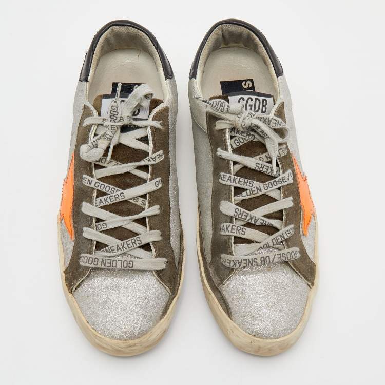Pre Owned Golden Goose Silver Glitter And Suede Superstar Low Top Sneakers Size 38