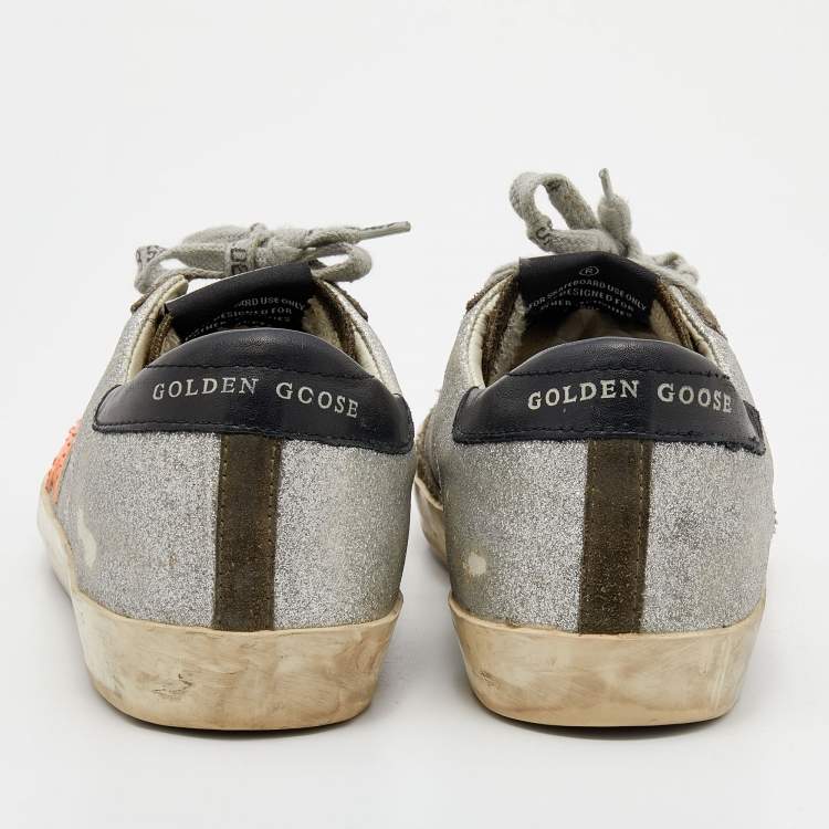 Pre Owned Golden Goose Silver Glitter And Suede Superstar Low Top Sneakers Size 38