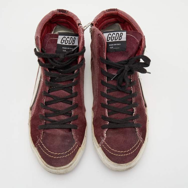 Pre Owned Golden Goose Burgundy/White Canvas And Suede Slide Sneakers Size 38