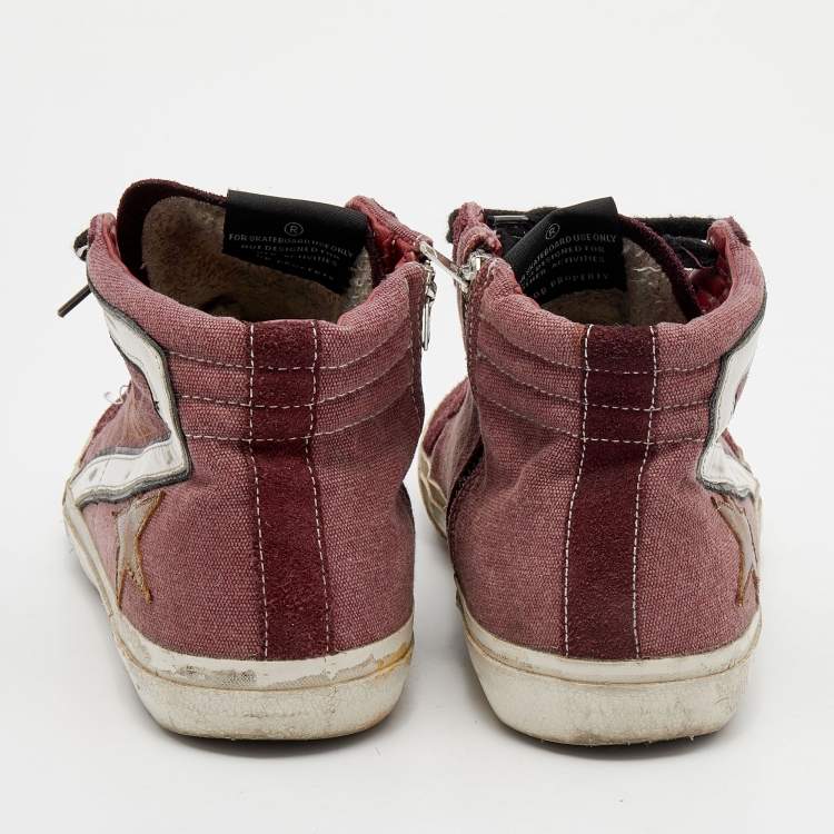 Pre Owned Golden Goose Burgundy/White Canvas And Suede Slide Sneakers Size 38