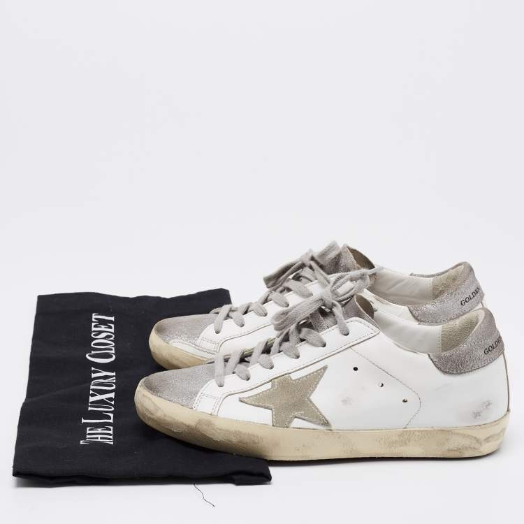 Pre Owned Golden Goose White/Silver Leather and Glitter Super Star Low-Top Sneakers Size 36