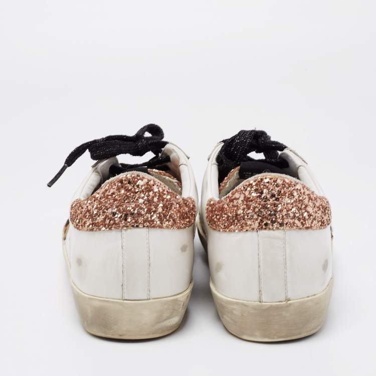 Pre Owned Golden Goose White/Rose Gold Leather and Glitter Super Star Low-Top Sneakers Size 36
