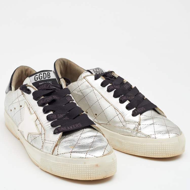 Pre Owned Golden Goose Silver Quilted Leather Lace Up Sneakers Size 38