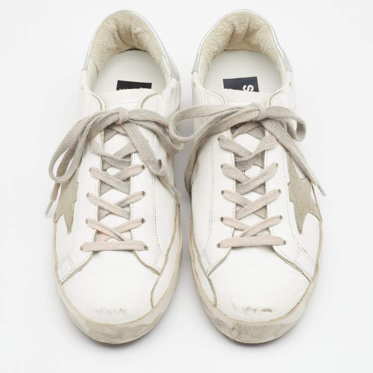 مملوكة مسبقًا Golden Goose White/Grey Leather and Suede Superstar Sneakers Size 38
