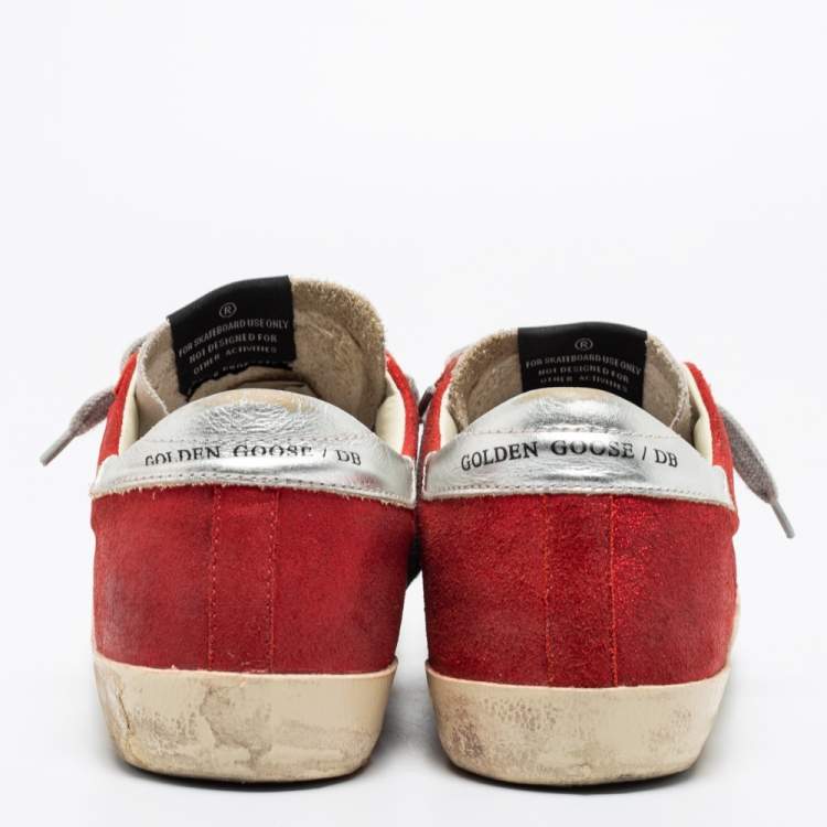 Pre Owned Golden Goose Red/Grey Suede And Leather Superstar Low Top Sneakers Size 38