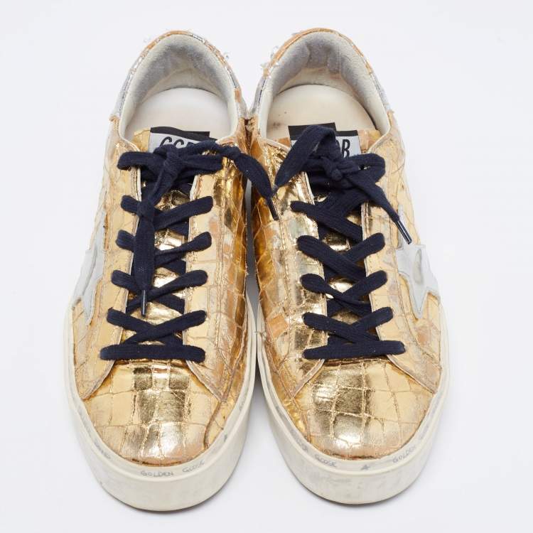 مملوكة مسبقًا Golden Goose Gold Croc Embossed Leather Superstar Low-Top Sneakers Size 38