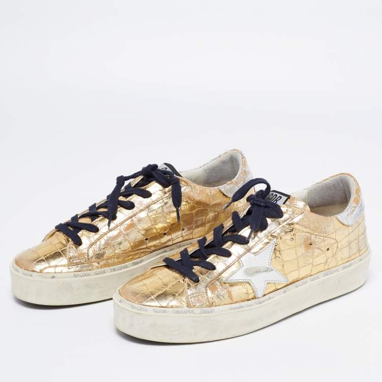 مملوكة مسبقًا Golden Goose Gold Croc Embossed Leather Superstar Low-Top Sneakers Size 38