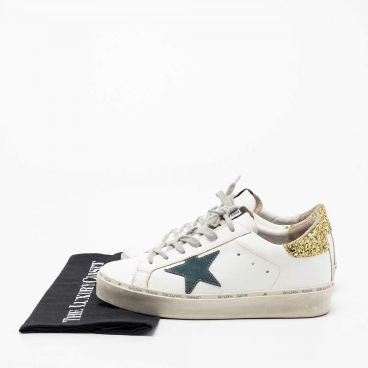 Pre Owned Golden Goose White/Yellow Leather and Glitter Hi Star Low-Top Sneakers Size 38