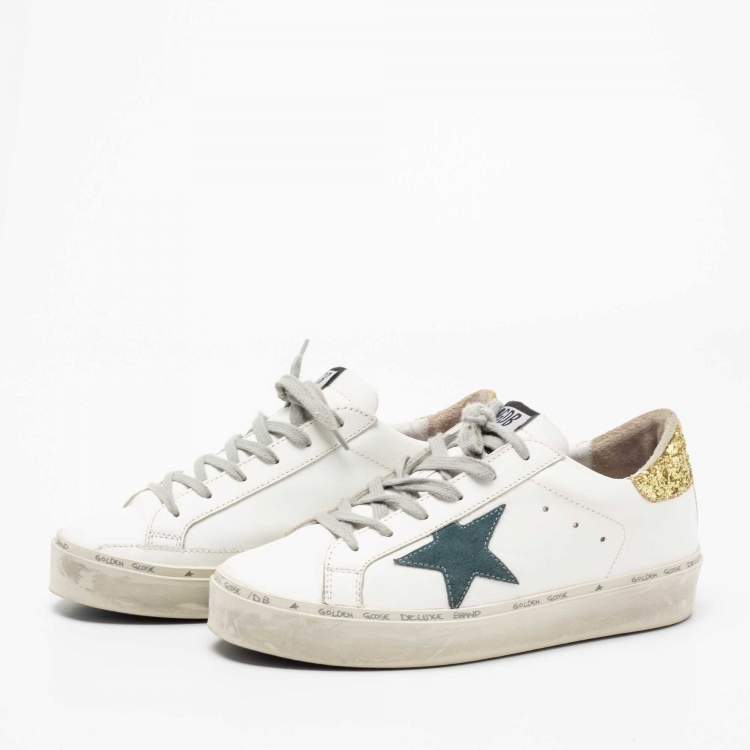 Pre Owned Golden Goose White/Yellow Leather and Glitter Hi Star Low-Top Sneakers Size 38
