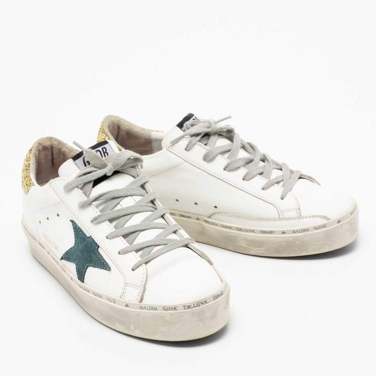 Pre Owned Golden Goose White/Yellow Leather and Glitter Hi Star Low-Top Sneakers Size 38