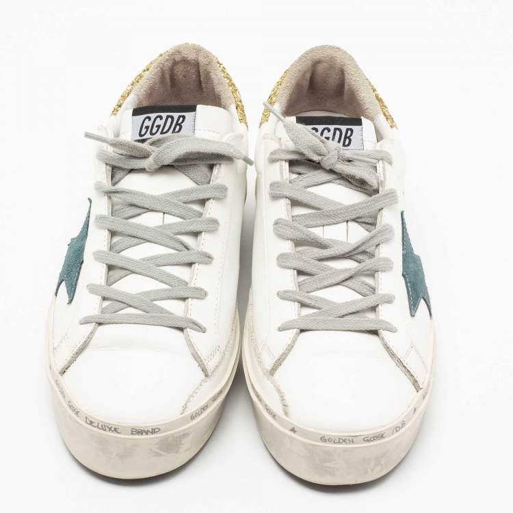 Pre Owned Golden Goose White/Yellow Leather and Glitter Hi Star Low-Top Sneakers Size 38