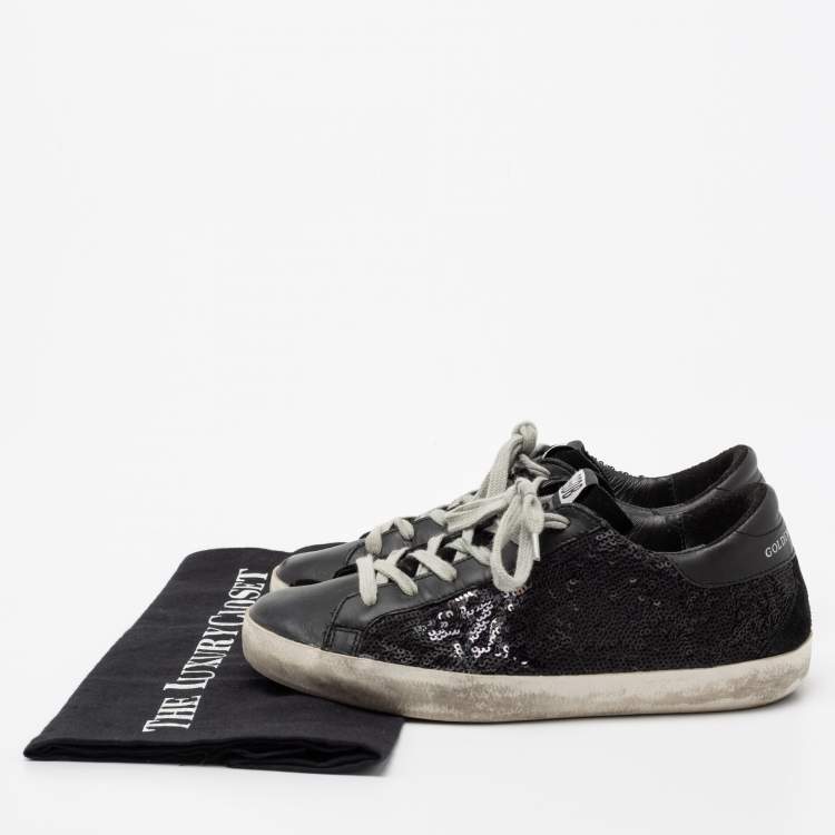 Pre Owned Golden Goose Black Sequins And Leather Superstar Sneakers Size 35