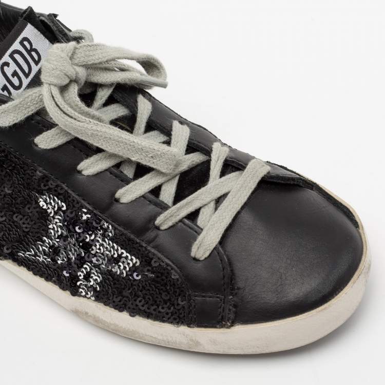 Pre Owned Golden Goose Black Sequins And Leather Superstar Sneakers Size 35