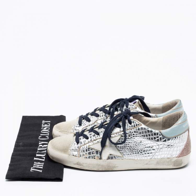 Pre Owned Golden Goose Silver Snake-Embossed  And Leather Super Star Low-Top Sneakers Size 37