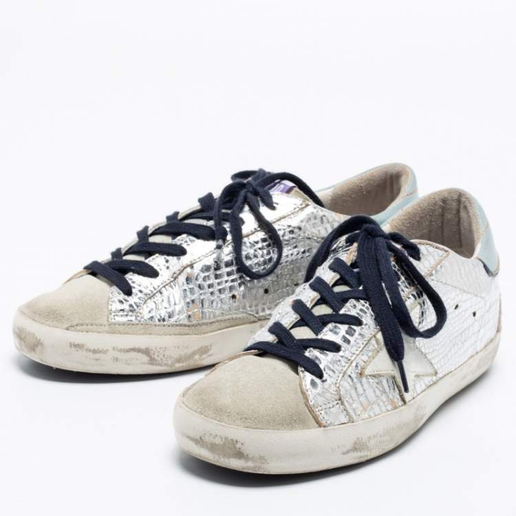 Pre Owned Golden Goose Silver Snake-Embossed  And Leather Super Star Low-Top Sneakers Size 37