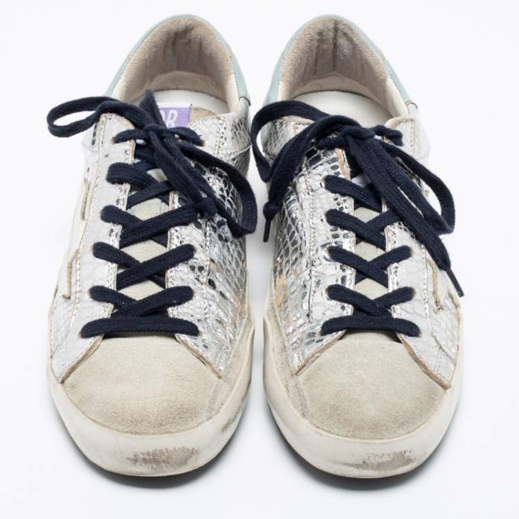 Pre Owned Golden Goose Silver Snake-Embossed  And Leather Super Star Low-Top Sneakers Size 37
