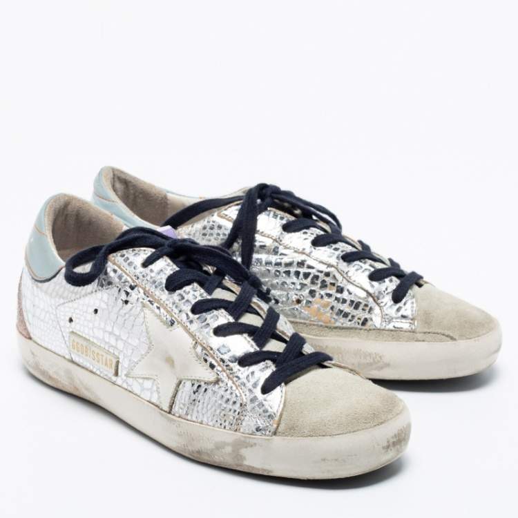 Pre Owned Golden Goose Silver Snake-Embossed  And Leather Super Star Low-Top Sneakers Size 37