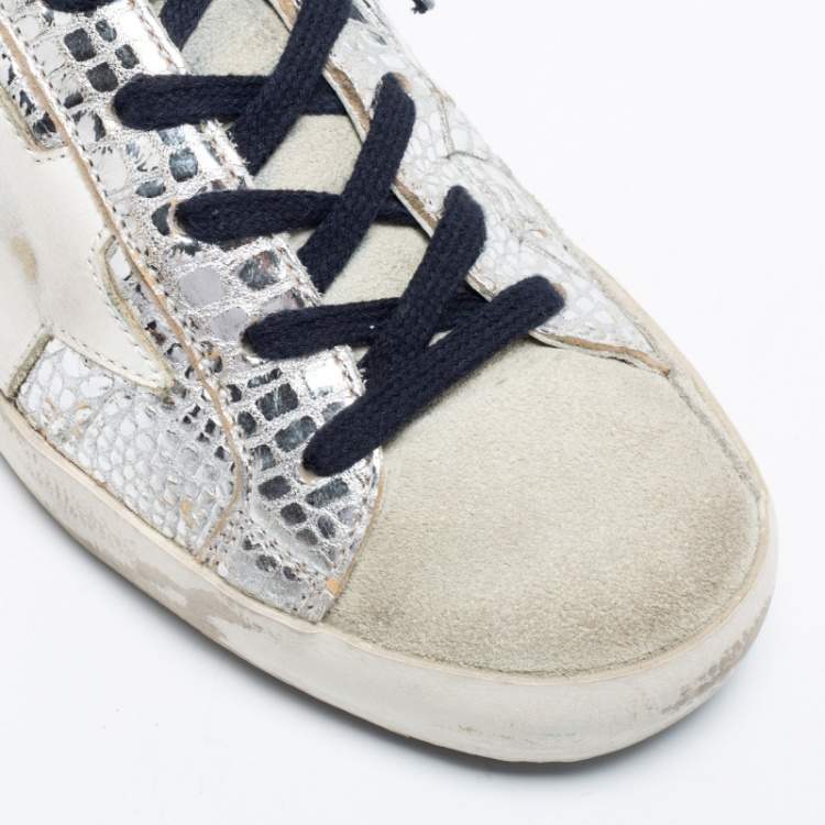 Pre Owned Golden Goose Silver Snake-Embossed  And Leather Super Star Low-Top Sneakers Size 37