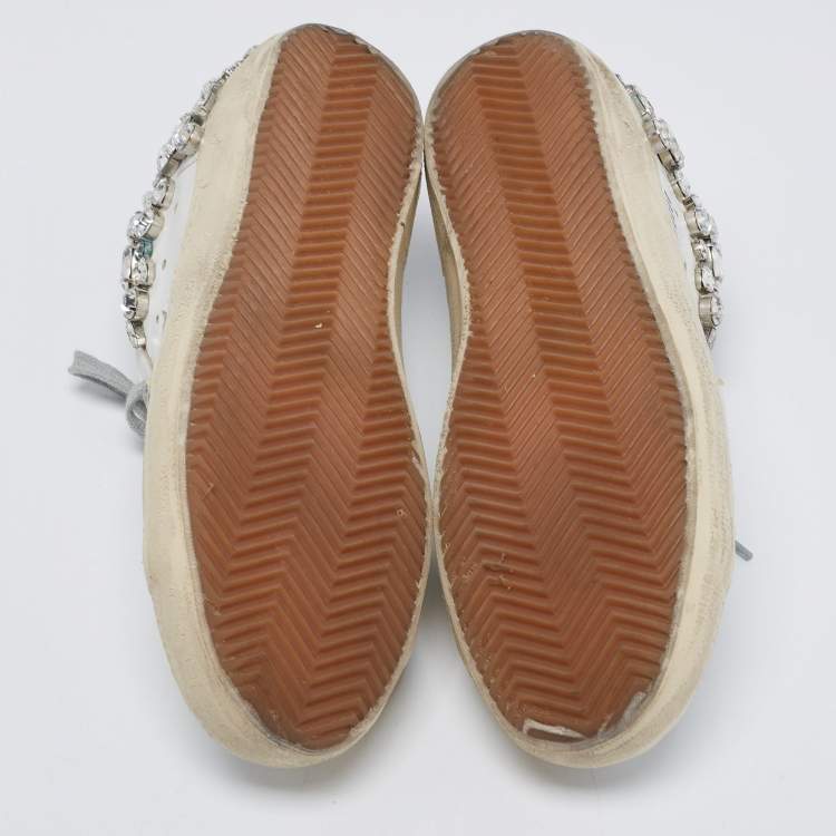 Pre Owned Golden Goose White Leather Crystal Embellished Superstar Low-Top Sneakers Size 41