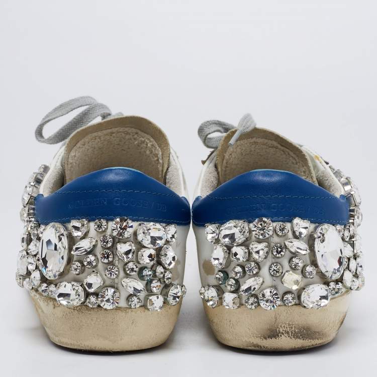 Pre Owned Golden Goose White Leather Crystal Embellished Superstar Low-Top Sneakers Size 41