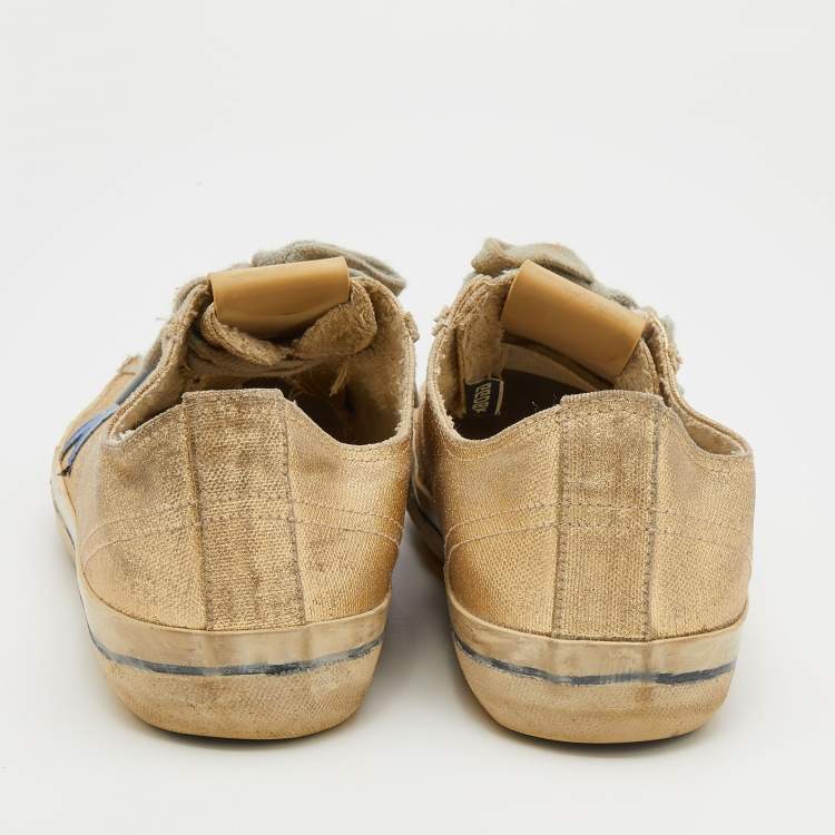 Pre Owned Golden Goose Metallic Gold/Blue Canvas And Leather V-Star Low Top Sneakers Size 38