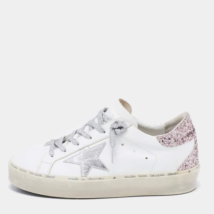 Pre Owned Golden Goose White/Pink Leather and Glitter Star Low-Top Sneakers Size 38