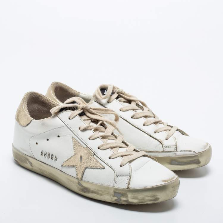 Pre Owned Golden Goose White/Gold Leather Superstar Low Top Sneakers Size 38