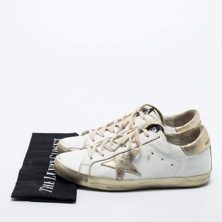 Pre Owned Golden Goose White/Gold Leather Superstar Low Top Sneakers Size 38