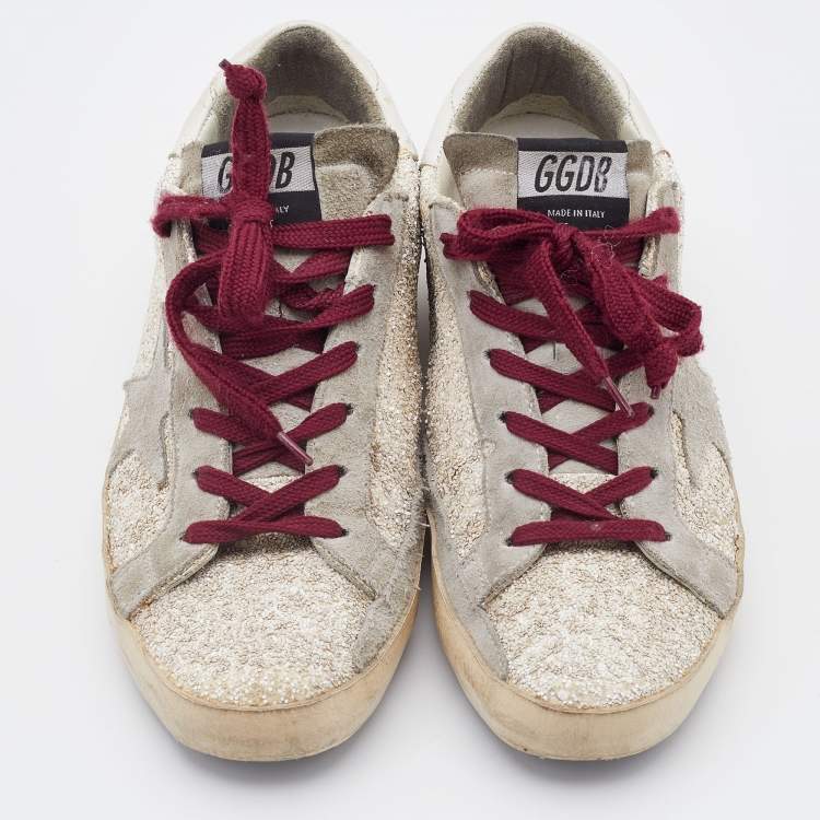 مملوكة مسبقًا Golden Goose Off-White/Grey Glitter and Suede Superstar Low Top Sneakers Size 38