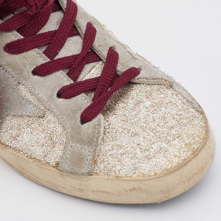مملوكة مسبقًا Golden Goose Off-White/Grey Glitter and Suede Superstar Low Top Sneakers Size 38