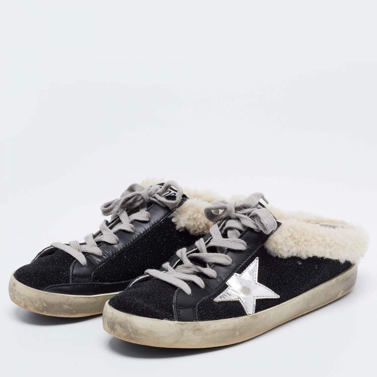 Pre Owned Golden Goose Black Leather and Shearling Super Star Sneakers Size 37