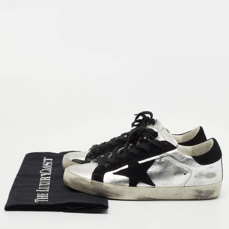 Pre Owned Golden Goose Silver/Black Leather and Suede Hi Star Sneakers Size 35