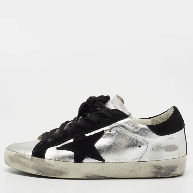 Pre Owned Golden Goose Silver/Black Leather and Suede Hi Star Sneakers Size 35