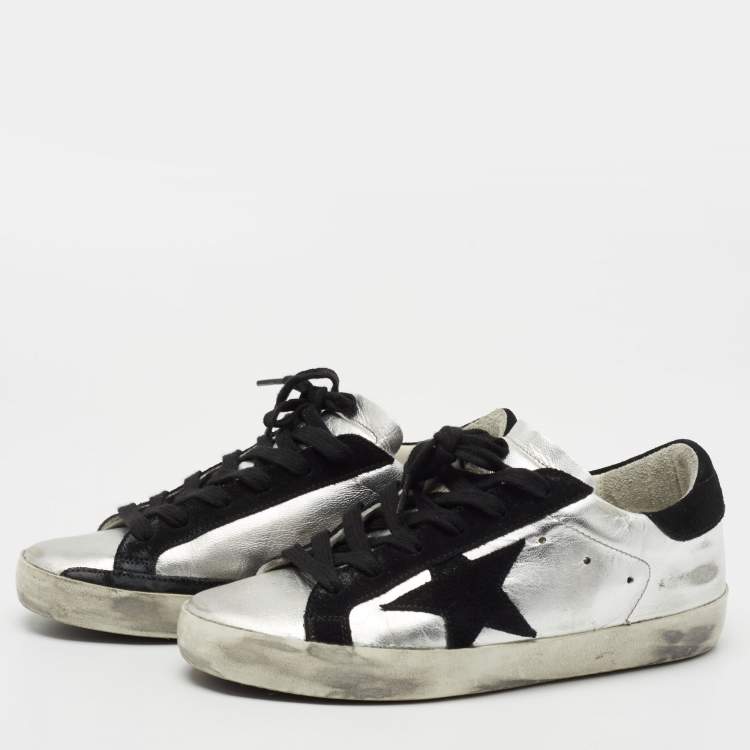 Pre Owned Golden Goose Silver/Black Leather and Suede Hi Star Sneakers Size 35