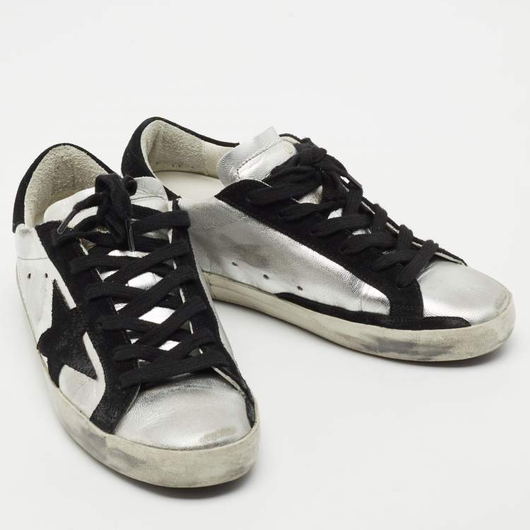 Pre Owned Golden Goose Silver/Black Leather and Suede Hi Star Sneakers Size 35