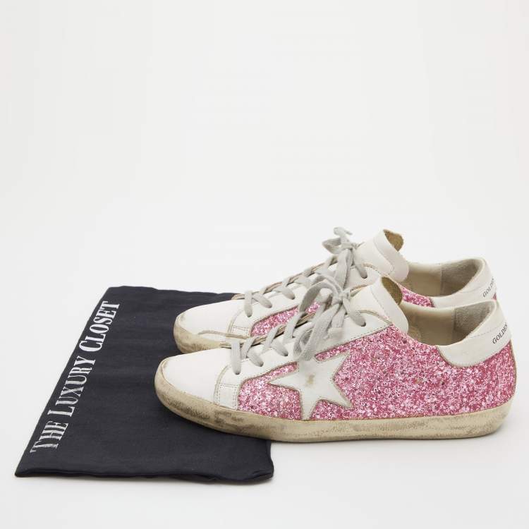 Pre Owned Golden Goose White/Pink Leather and Glitter Super Star Applique Sneakers Size 38