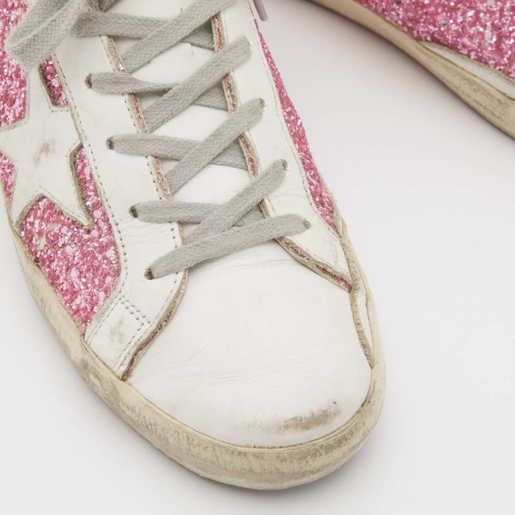 Pre Owned Golden Goose White/Pink Leather and Glitter Super Star Applique Sneakers Size 38