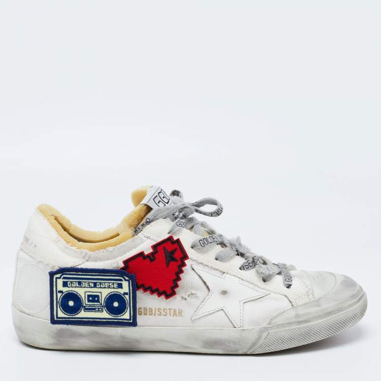 Pre Owned Golden Goose White Canvas Velcro Appliques Super Star Sneakers Size 39