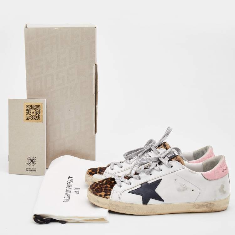 Pre Owned Golden Goose White/Pink Leather and Leopard Print Calf Hair Hi Star Sneakers Size 37