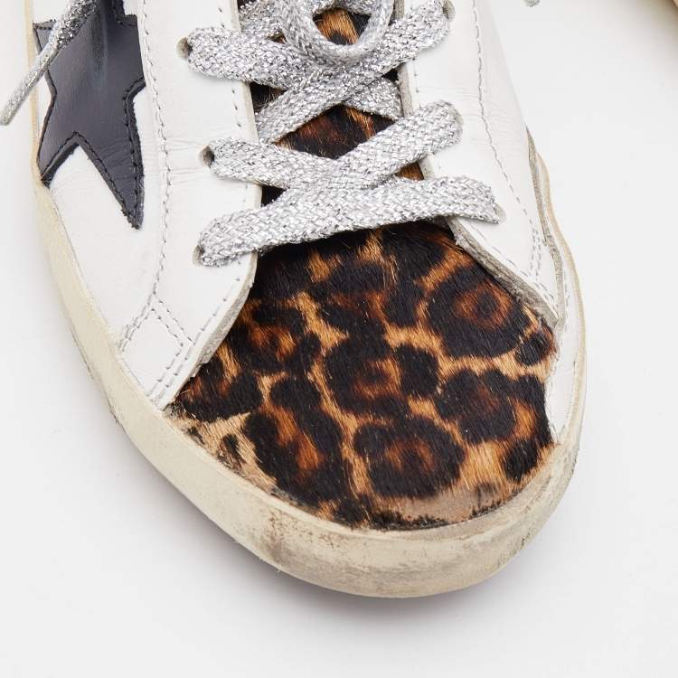 Pre Owned Golden Goose White/Pink Leather and Leopard Print Calf Hair Hi Star Sneakers Size 37