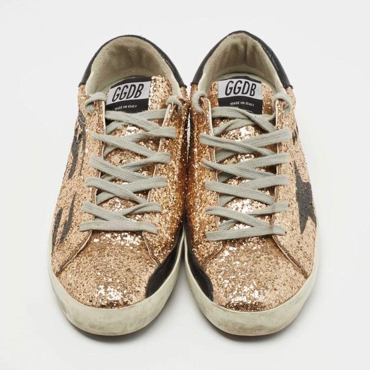 Pre Owned Golden Goose Metallic Gold Glitter and Leather Superstar Sneakers Size 40