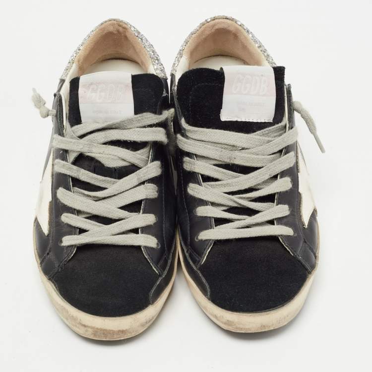 Pre Owned Golden Goose Black/Silver Leather and Glitter Super Star Sneakers Size 36