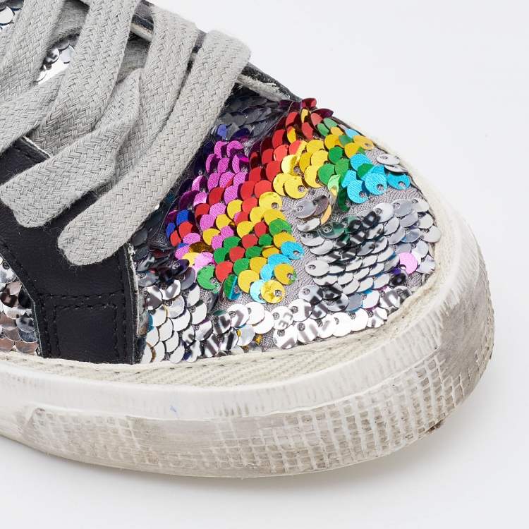 Pre Owned Golden Goose Muliticolor Sequins and Leather May Low Top Sneakers Size 37
