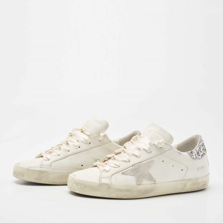 مملوكة مسبقًا Golden Goose White Leather and Glitter Detail Super Star Low Top Sneakers  Size 39
