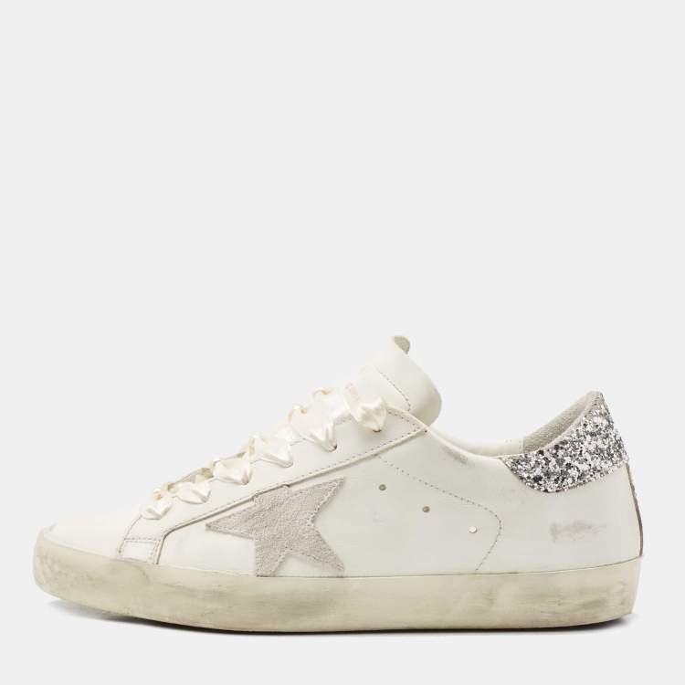 مملوكة مسبقًا Golden Goose White Leather and Glitter Detail Super Star Low Top Sneakers  Size 39